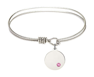 6 1/4 inch Oval Eye Hook Rhodium Bangle Bracelet with a Sterling Silver Plain Disc charm.