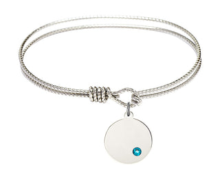 6 1/4 inch Oval Eye Hook Rhodium Bangle Bracelet with a Sterling Silver Plain Disc charm.