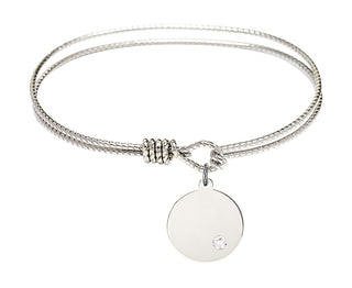 6 1/4 inch Oval Eye Hook Rhodium Bangle Bracelet with a Sterling Silver Plain Disc charm.