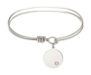 6 1/4 inch Oval Eye Hook Rhodium Bangle Bracelet with a Sterling Silver Plain Disc charm.