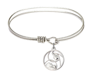 6 1/4 inch Oval Eye Hook Rhodium Bangle Bracelet with a Sterling Silver Madonna and Child charm.