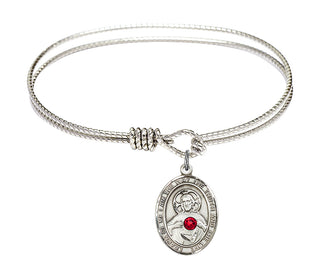 6 1/4 inch Oval Eye Hook Rhodium Bangle Bracelet with a Sterling Silver Scapular charm.