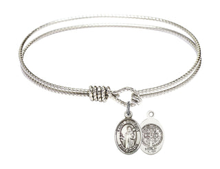 6 1/4 inch Oval Eye Hook Rhodium Bangle Bracelet with a Sterling Silver Saint Benedict charm.
