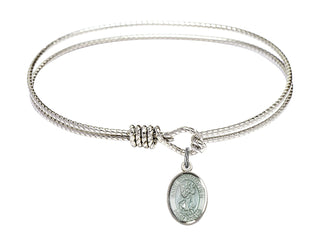6 1/4 inch Oval Eye Hook Rhodium Bangle Bracelet with a Sterling Silver Saint Christopher charm. Engraved Catholic Saint Jewelry