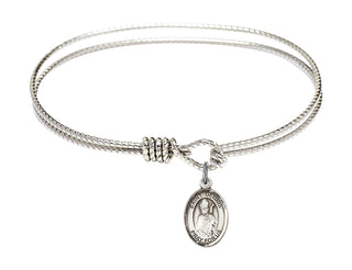 6 1/4 inch Oval Eye Hook Rhodium Bangle Bracelet with a Sterling Silver Saint Dennis charm. Engraved Catholic Saint Jewelry