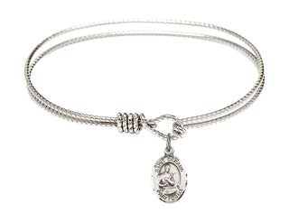 6 1/4 inch Oval Eye Hook Rhodium Bangle Bracelet with a Sterling Silver Saint Gerard Majella charm. Engraved Catholic Saint Jewelry