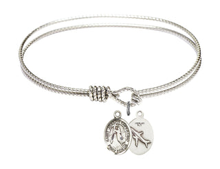 6 1/4 inch Oval Eye Hook Rhodium Bangle Bracelet with a Sterling Silver Saint Joseph of Cupertino charm.
