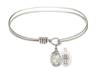 6 1/4 inch Oval Eye Hook Rhodium Bangle Bracelet with a Sterling Silver Miraculous charm. Engraved Catholic Saint Jewelry
