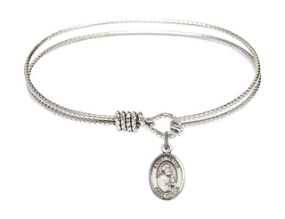 6 1/4 inch Oval Eye Hook Rhodium Bangle Bracelet with a Sterling Silver Saint Peter the Apostle charm. Engraved Catholic Saint Jewelry