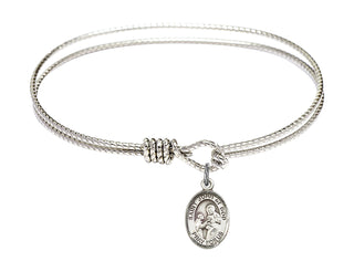 6 1/4 inch Oval Eye Hook Rhodium Bangle Bracelet with a Sterling Silver Saint John of God charm.