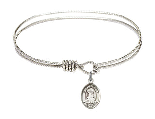 6 1/4 inch Oval Eye Hook Rhodium Bangle Bracelet with a Sterling Silver Saint Bridget of Sweden charm. Engraved Catholic Saint Jewelry