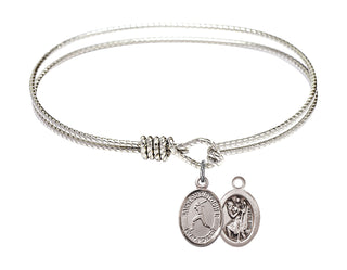 6 1/4 inch Oval Eye Hook Rhodium Bangle Bracelet with a Sterling Silver Saint Christopher/Softball charm.