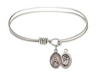 6 1/4 inch Oval Eye Hook Rhodium Bangle Bracelet with a Sterling Silver Saint Christopher/Baseball charm.