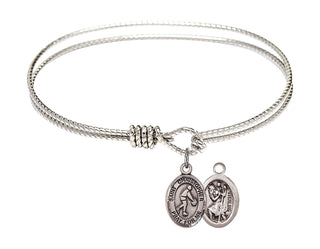 6 1/4 inch Oval Eye Hook Rhodium Bangle Bracelet with a Sterling Silver Saint Christopher/Basketball charm.