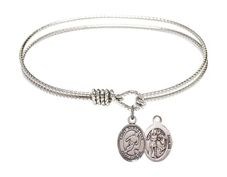 6 1/4 inch Oval Eye Hook Rhodium Bangle Bracelet with a Sterling Silver Saint Sebastian/Soccer charm.