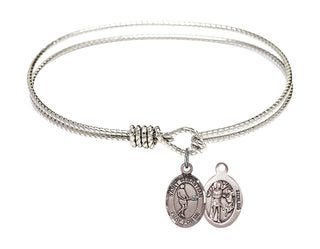 6 1/4 inch Oval Eye Hook Rhodium Bangle Bracelet with a Sterling Silver Saint Sebastian/Tennis charm.
