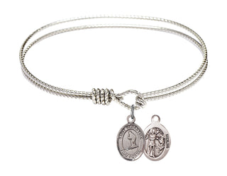 6 1/4 inch Oval Eye Hook Rhodium Bangle Bracelet with a Sterling Silver Saint Sebastian/Skiing charm.
