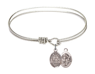 6 1/4 inch Oval Eye Hook Rhodium Bangle Bracelet with a Sterling Silver Saint Sebastian/Wrestling charm.