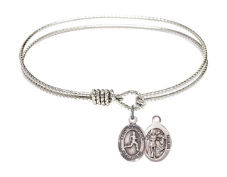 6 1/4 inch Oval Eye Hook Rhodium Bangle Bracelet with a Sterling Silver Saint Sebastian/Track & Field charm.