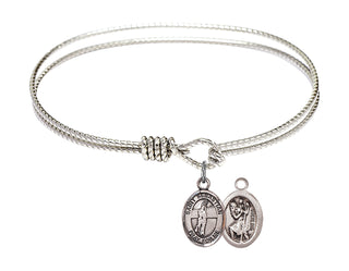 6 1/4 inch Oval Eye Hook Rhodium Bangle Bracelet with a Sterling Silver Saint Sebastian / Volleyball charm.