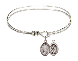 6 1/4 inch Oval Eye Hook Rhodium Bangle Bracelet with a Sterling Silver Saint Christopher / Fishing charm.