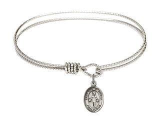 6 1/4 inch Oval Eye Hook Rhodium Bangle Bracelet with a Sterling Silver Saint Nino de Atocha charm. Engraved Catholic Saint Jewelry