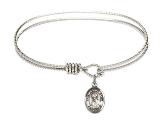 6 1/4 inch Oval Eye Hook Rhodium Bangle Bracelet with a Sterling Silver Saint Dominic Savio charm. Engraved Catholic Saint Jewelry