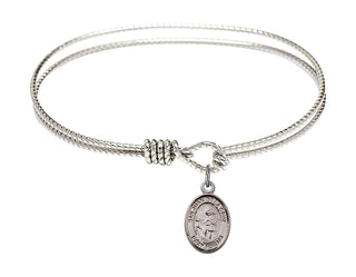 6 1/4 inch Oval Eye Hook Rhodium Bangle Bracelet with a Sterling Silver San Juan de la Cruz charm. Engraved Catholic Saint Jewelry