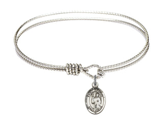 6 1/4 inch Oval Eye Hook Rhodium Bangle Bracelet with a Sterling Silver Saint Maurus charm. Engraved Catholic Saint Jewelry