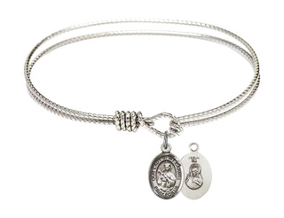 6 1/4 inch Oval Eye Hook Rhodium Bangle Bracelet with a Sterling Silver Our Lady of Mount Carmel charm.