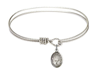 6 1/4 inch Oval Eye Hook Rhodium Bangle Bracelet with a Sterling Silver Saint John Baptist de la Salle charm. Engraved Catholic Saint Jewelry