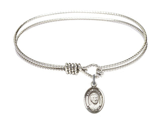 6 1/4 inch Oval Eye Hook Rhodium Bangle Bracelet with a Sterling Silver Saint Eugene de Mazenod charm. Engraved Catholic Saint Jewelry