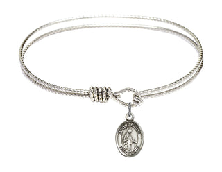 6 1/4 inch Oval Eye Hook Rhodium Bangle Bracelet with a Sterling Silver Saint Remigius of Reims charm. Engraved Catholic Saint Jewelry