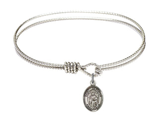 6 1/4 inch Oval Eye Hook Rhodium Bangle Bracelet with a Sterling Silver Saint Deborah charm. Engraved Catholic Saint Jewelry