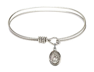 6 1/4 inch Oval Eye Hook Rhodium Bangle Bracelet with a Sterling Silver Our Lady of Consolation charm. Engraved Catholic Saint Jewelry