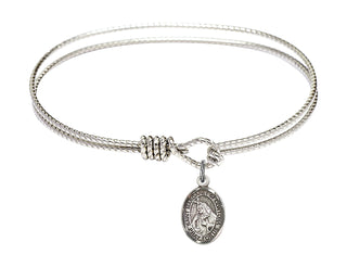 6 1/4 inch Oval Eye Hook Rhodium Bangle Bracelet with a Sterling Silver Saint Margaret of Cortona charm. Engraved Catholic Saint Jewelry