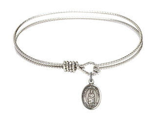6 1/4 inch Oval Eye Hook Rhodium Bangle Bracelet with a Sterling Silver Our Lady of Victory charm. Engraved Catholic Saint Jewelry
