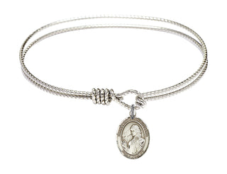 6 1/4 inch Oval Eye Hook Rhodium Bangle Bracelet with a Sterling Silver Saint Finnian of Clonard charm. Engraved Catholic Saint Jewelry