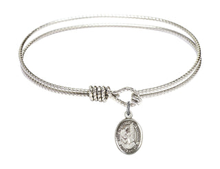 6 1/4 inch Oval Eye Hook Rhodium Bangle Bracelet with a Sterling Silver St Elizabeth of the Visitation charm. Engraved Catholic Saint Jewelry
