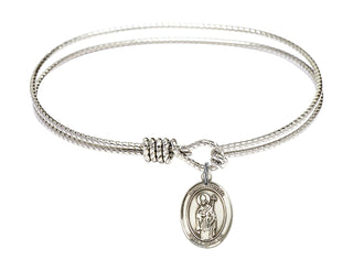 6 1/4 inch Oval Eye Hook Rhodium Bangle Bracelet with a Sterling Silver Saint Ronan charm. Engraved Catholic Saint Jewelry