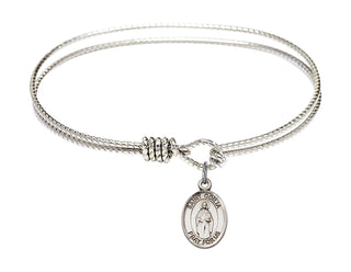 6 1/4 inch Oval Eye Hook Rhodium Bangle Bracelet with a Sterling Silver Saint Odilia charm. Engraved Catholic Saint Jewelry
