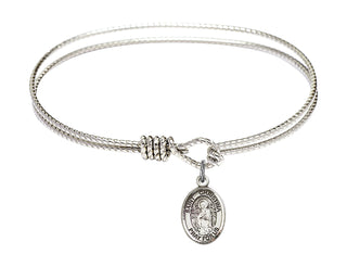 6 1/4 inch Oval Eye Hook Rhodium Bangle Bracelet with a Sterling Silver Saint Christina the Astonishing charm. Engraved Catholic Saint Jewelry