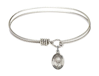 6 1/4 inch Oval Eye Hook Rhodium Bangle Bracelet with a Sterling Silver Saint Gianna Beretta Molla charm. Engraved Catholic Saint Jewelry