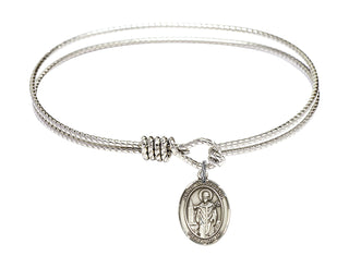 6 1/4 inch Oval Eye Hook Rhodium Bangle Bracelet with a Sterling Silver Saint Wolfgang charm. Engraved Catholic Saint Jewelry
