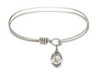 6 1/4 inch Oval Eye Hook Rhodium Bangle Bracelet with a Sterling Silver Saint Luigi Orione charm. Engraved Catholic Saint Jewelry