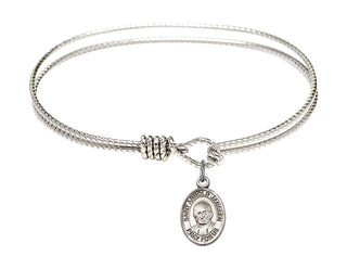 6 1/4 inch Oval Eye Hook Rhodium Bangle Bracelet with a Sterling Silver Saint Arnold Janssen charm. Engraved Catholic Saint Jewelry
