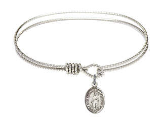 6 1/4 inch Oval Eye Hook Rhodium Bangle Bracelet with a Sterling Silver Saint Catherine of Alexandria charm. Engraved Catholic Saint Jewelry