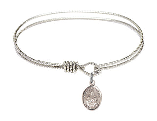 6 1/4 inch Oval Eye Hook Rhodium Bangle Bracelet with a Sterling Silver Our Lady of Grapes charm. Engraved Catholic Saint Jewelry