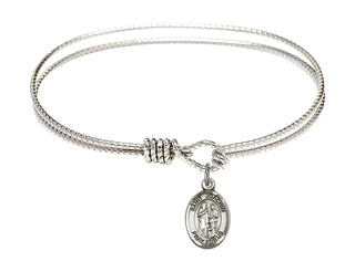 6 1/4 inch Oval Eye Hook Rhodium Bangle Bracelet with a Sterling Silver Saint Joachim charm. Engraved Catholic Saint Jewelry