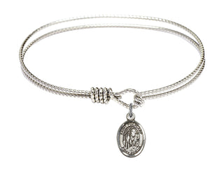 6 1/4 inch Oval Eye Hook Rhodium Bangle Bracelet with a Sterling Silver Saint Polycarp of Smyrna charm. Engraved Catholic Saint Jewelry